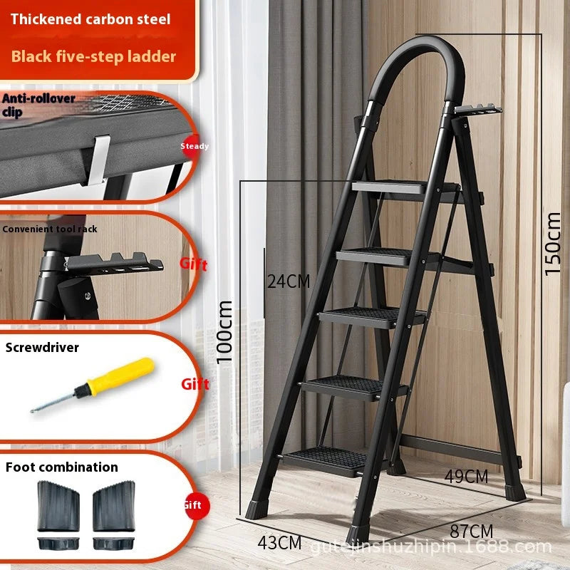 S And B Enterprise adjustable zigzag folding ladder, black five-step carbon steel engineering ladder for home and garden
