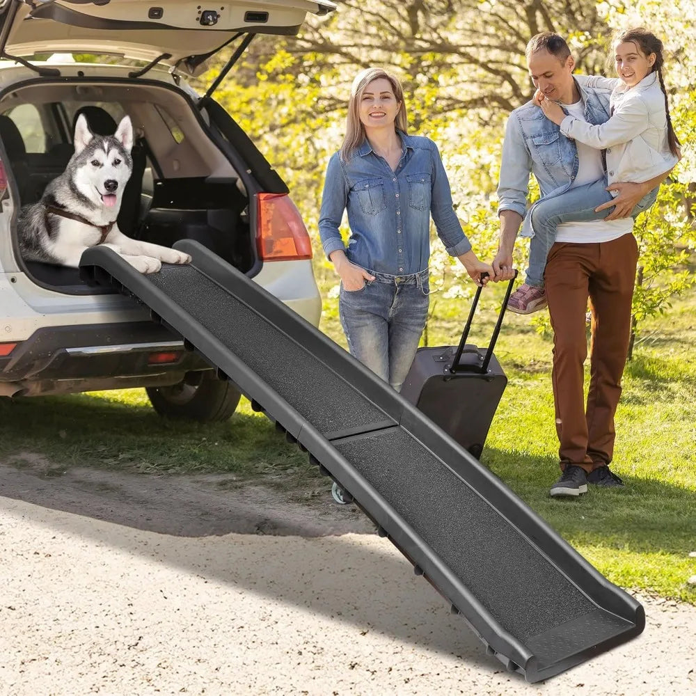 Folding Dog Ramp by S And B Enterprise, 62-inch black non-slip ramp with raised side rails.