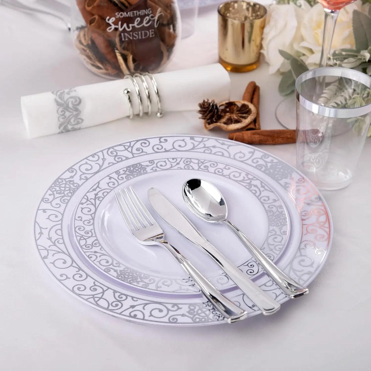 LIYH 700 Pcs Silver Plastic Disposable Dinnerware Set for 100 Guests - Includes Plates, Cups, Napkins and Cutlery Elegant White by S And B Enterprise
