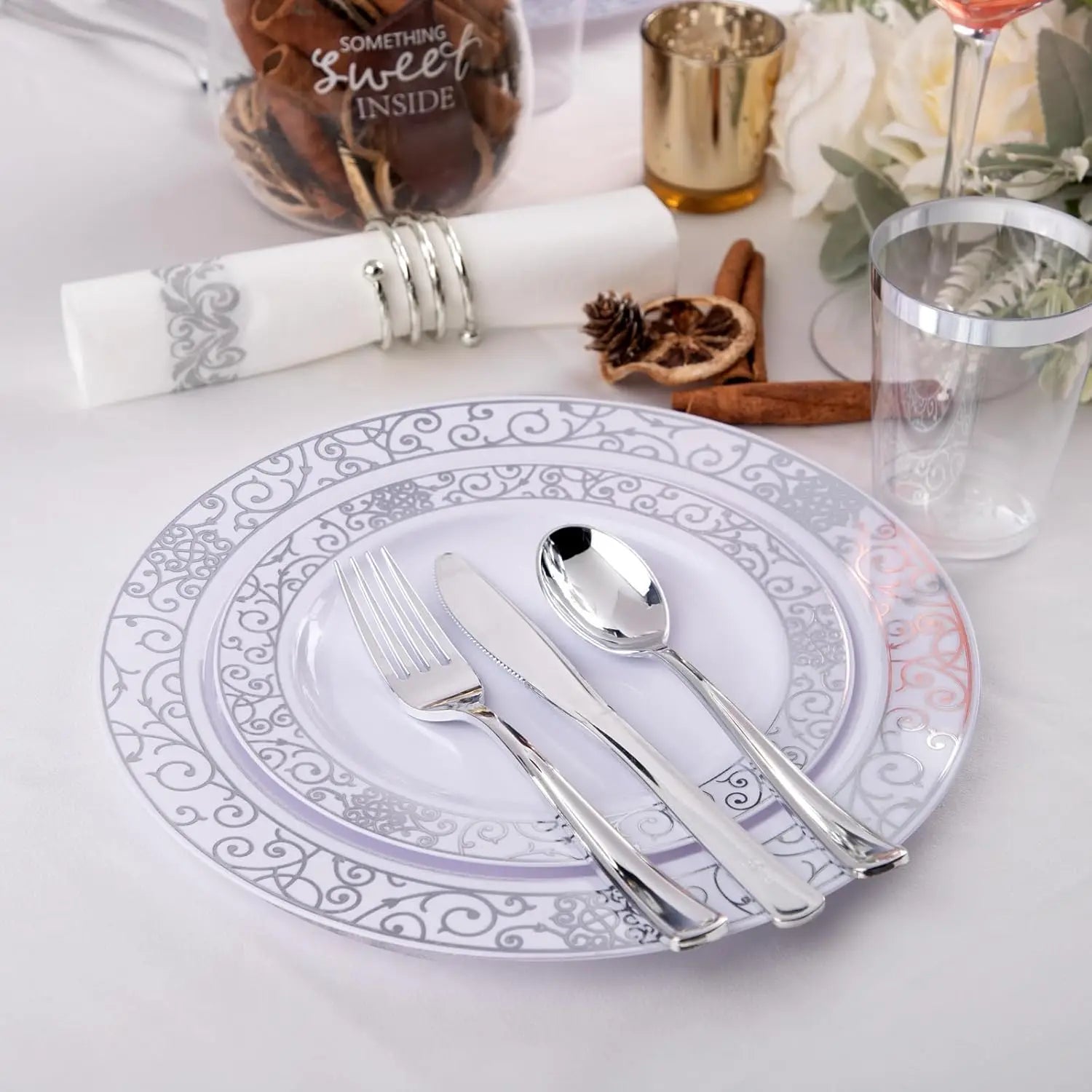 LIYH 700 Pcs Silver Plastic Disposable Dinnerware Set for 100 Guests - Includes Plates, Cups, Napkins and Cutlery Elegant White by S And B Enterprise