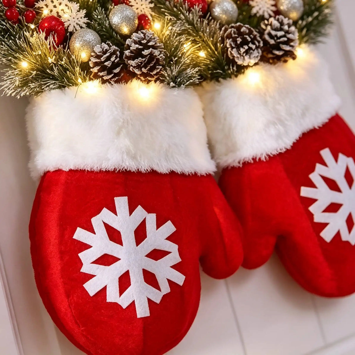 S And B Enterprise LED twinkling Christmas mitten wreath with green pine garland, pinecones, red berries, warm lights