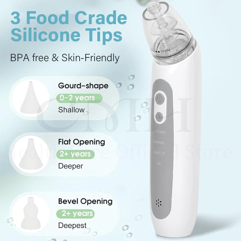 Electric baby nasal aspirator by S And B Enterprise with 3 suction modes, rechargeable, BPA-free silicone tips.