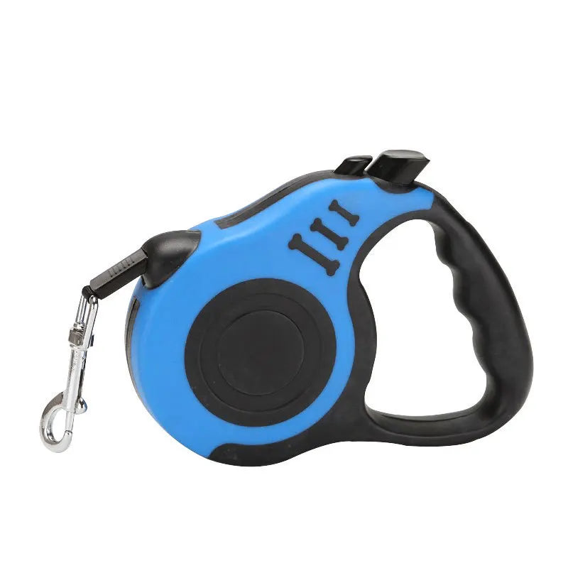 Blue and black 16.5ft retractable dog leash with one-button lock and comfort grip.