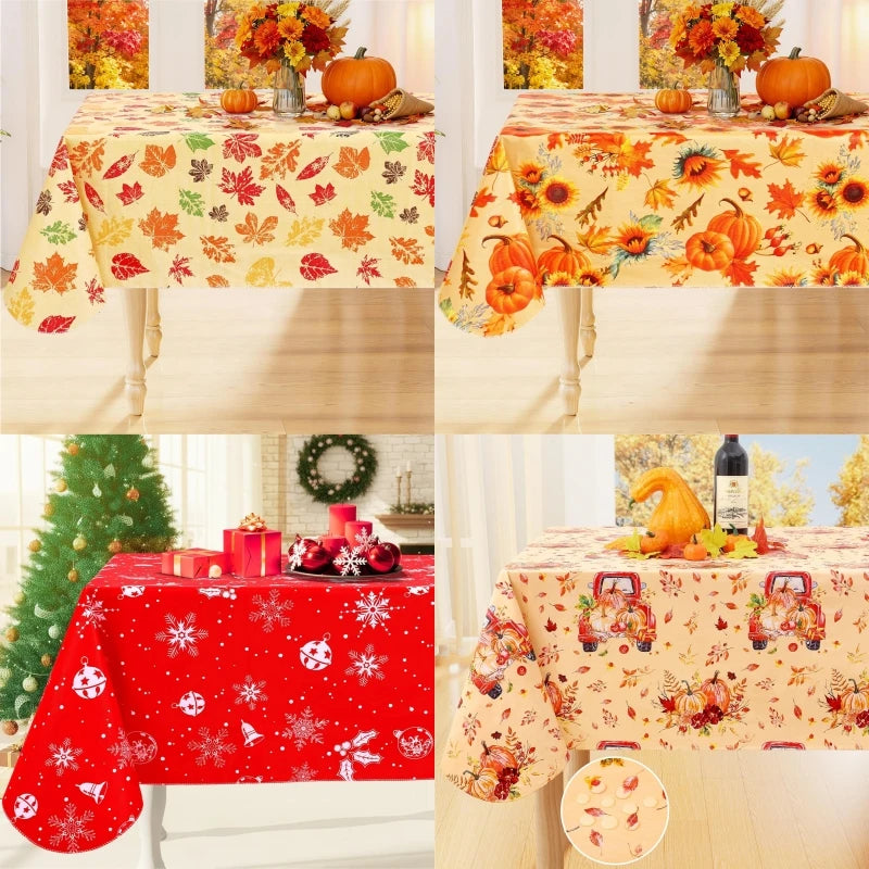 Waterproof Elastic Fitted Tablecloth With Floral Pumpkin Christmas Decor