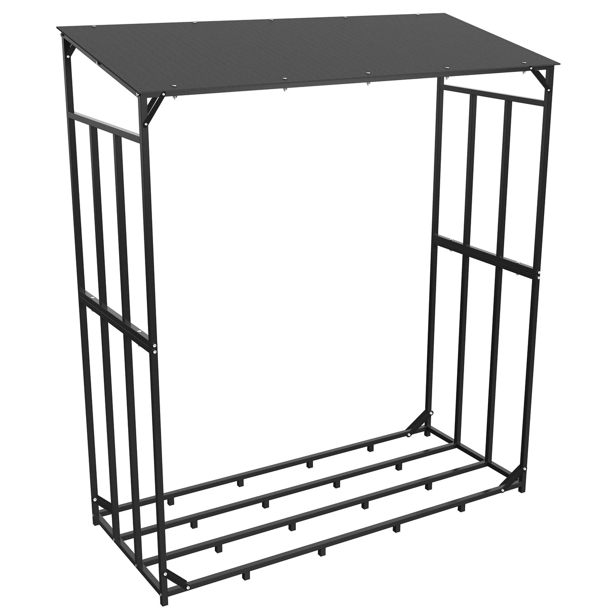 Extra Large Tall Outdoor Firewood Rack, black metal frame with slatted bottom for wood storage.