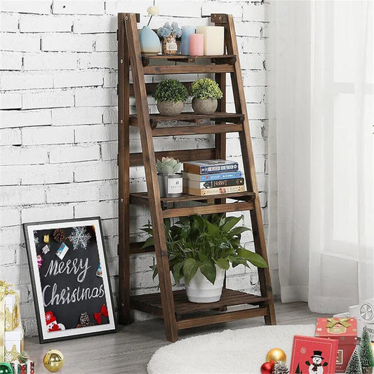Folding 4-tier wooden ladder shelf by S And B Enterprise, indoor display rack; dark brown finish with plants and books.