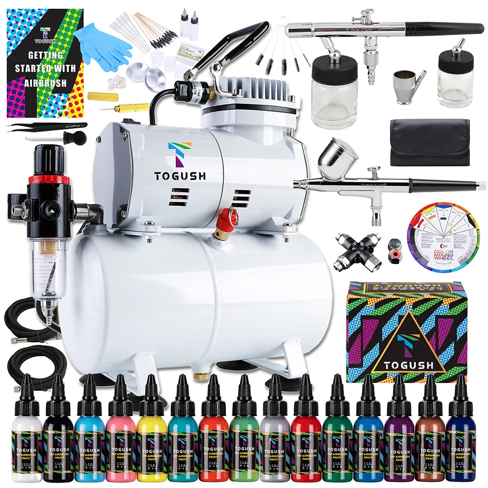 TOGUSH airbrush compressor with 3L tank, 2 airbrushes, and 15-color paint set for model painting hobby.