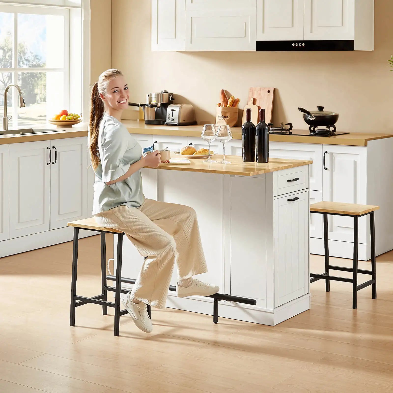 ONBRILL Stationary Kitchen Island With Storage And Two Chairs by S And B Enterprise