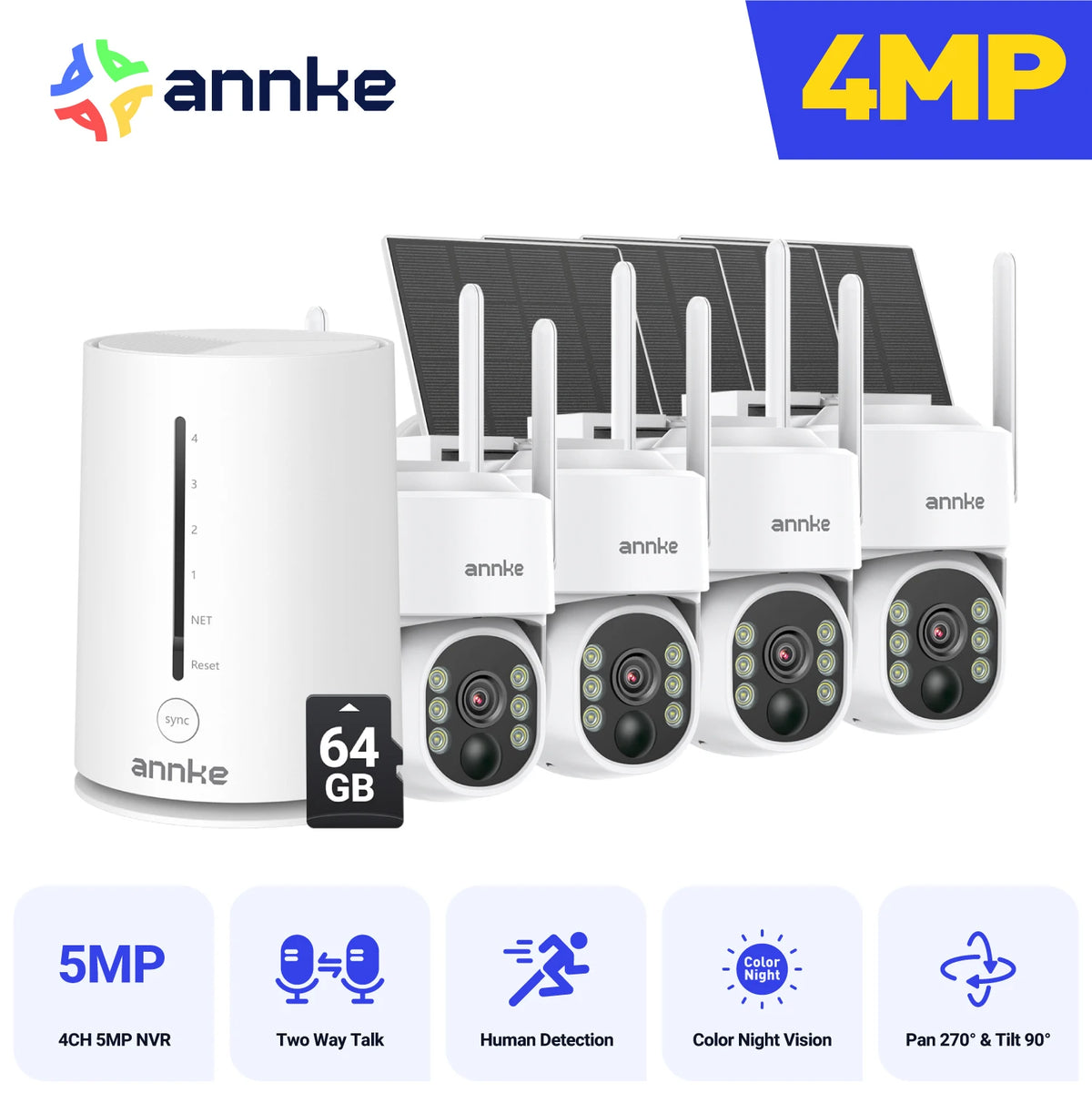 ANNKE 4MP battery WiFi security camera system with four white wireless cameras featuring solar panels and a base station