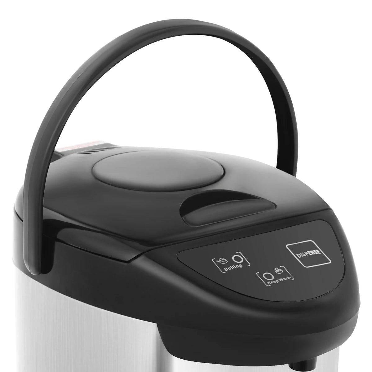 Electric kettle with stainless steel body and black handle; digital control panel.