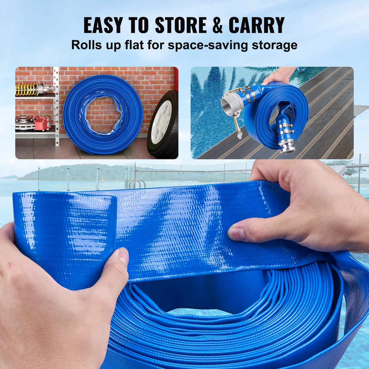 Pool drain hose, 2 in by 50 ft, blue PVC with aluminum camlock connectors and clamps for pool water removal