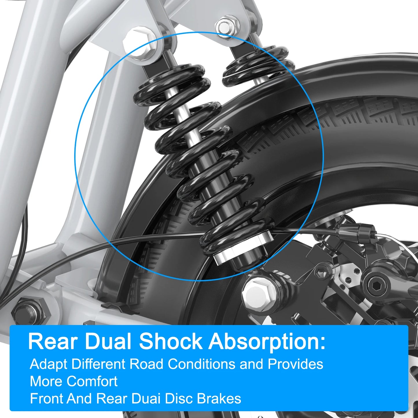 Electric scooter rear dual shock absorption with coil-spring suspension and disc brake