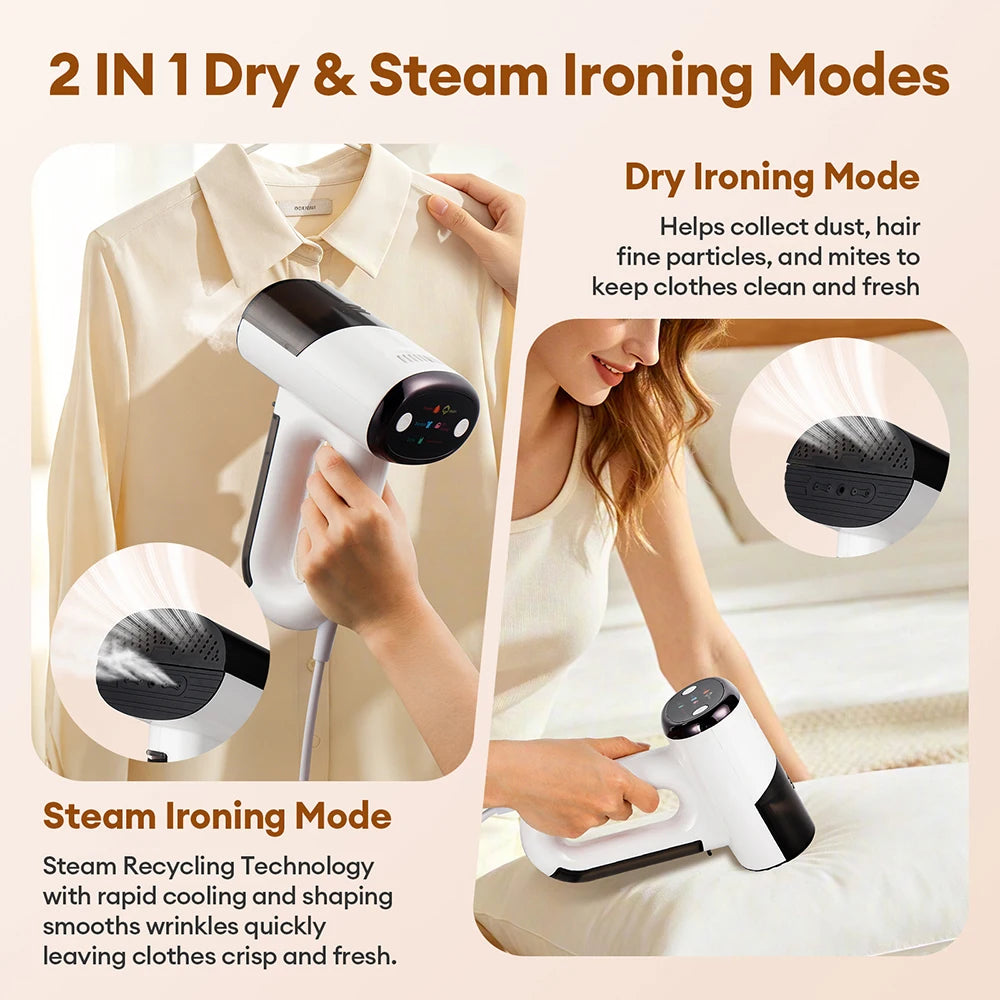 S And B Enterprise handheld garment steamer iron, white with black accents, 2-in-1 dry and steam ironing for home or travel