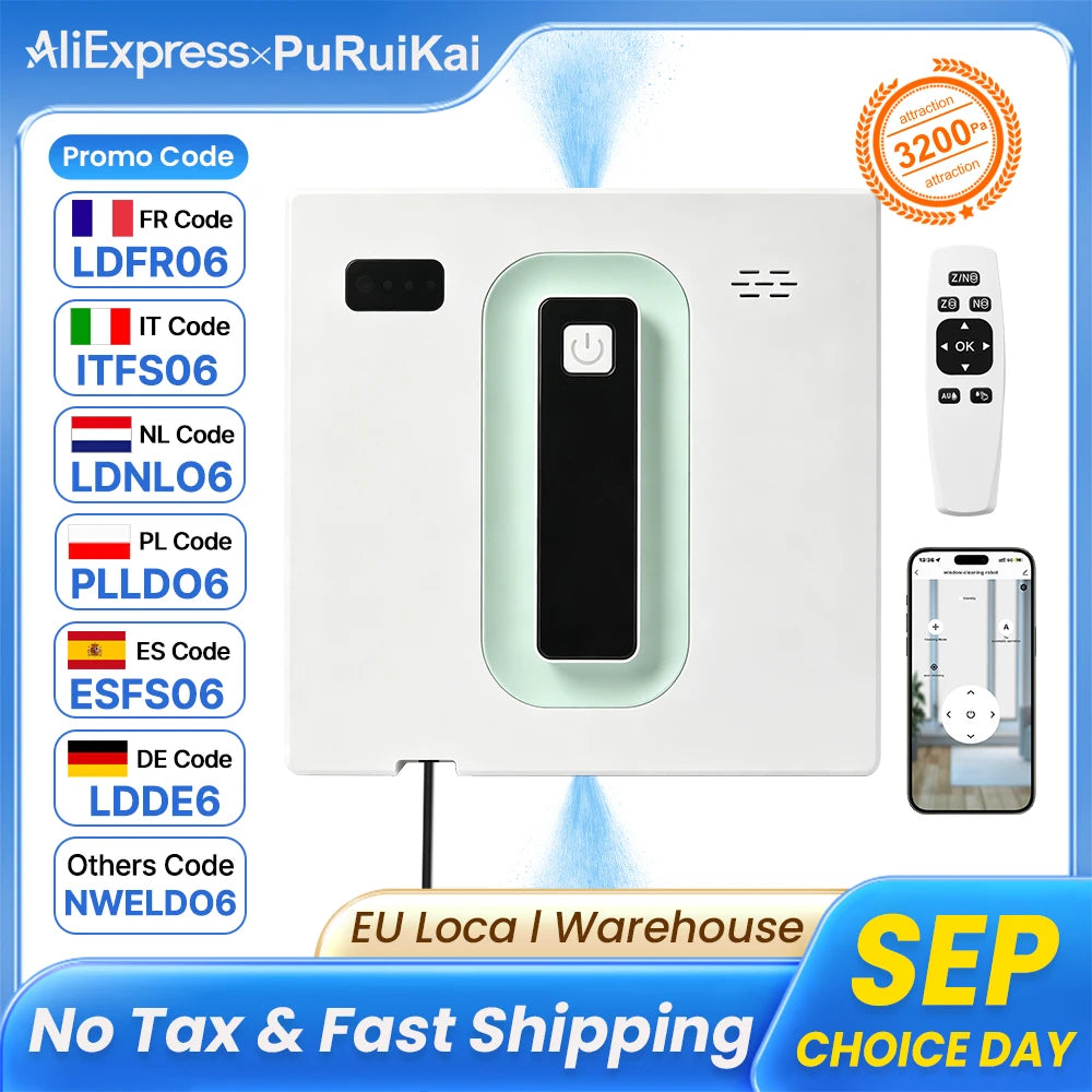 PuRuiKai robot electric window cleaner with APP/remote control and two-way spray; white with mint-green trim