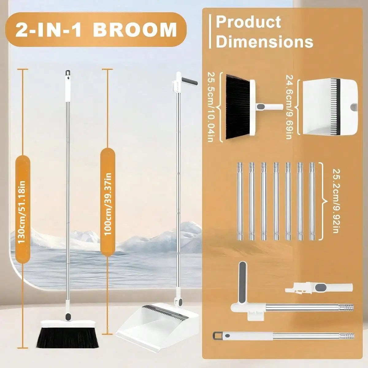 2-In-1 Foldable Broom And Dustpan Combo Set , Long Stainless Steel Handle Self-Cleaning Comb Teeth Floor Sweeping Kit, Windproof Dustpan For Pet Hair Quick Dust Removal, Household Cleaning Supplies For Home Dorm Office Bathro