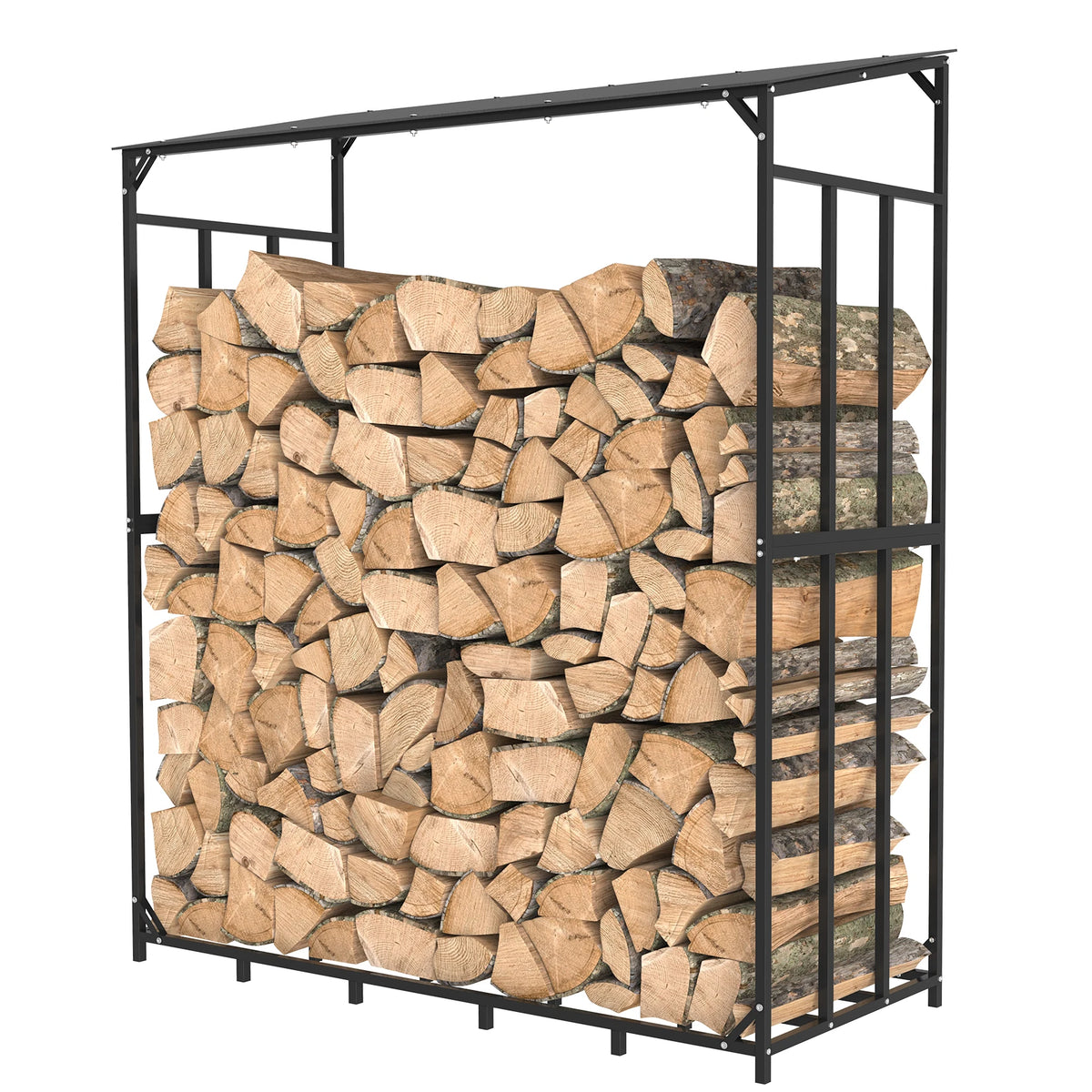 Extra large tall outdoor firewood rack in black steel frame with stacked logs