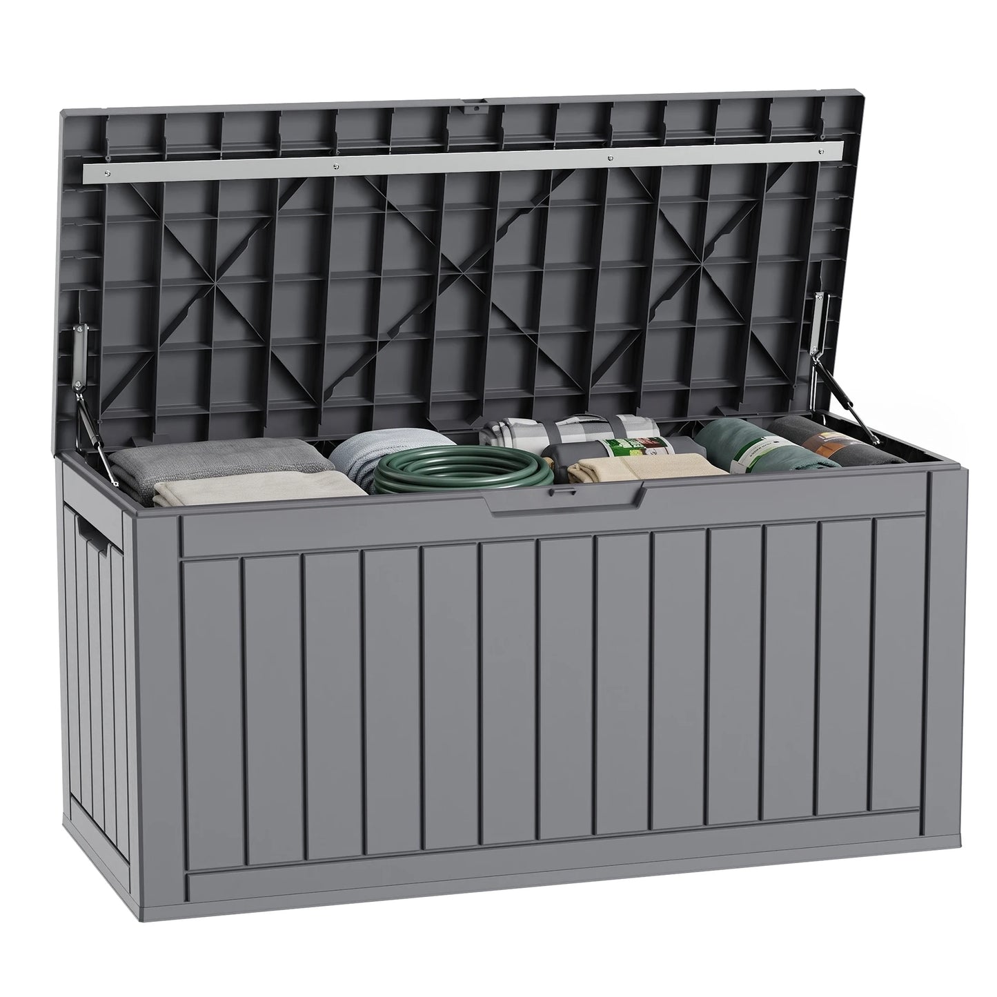 Gray plastic 90-gallon outdoor deck storage box with lid open, storing cushions and garden hose