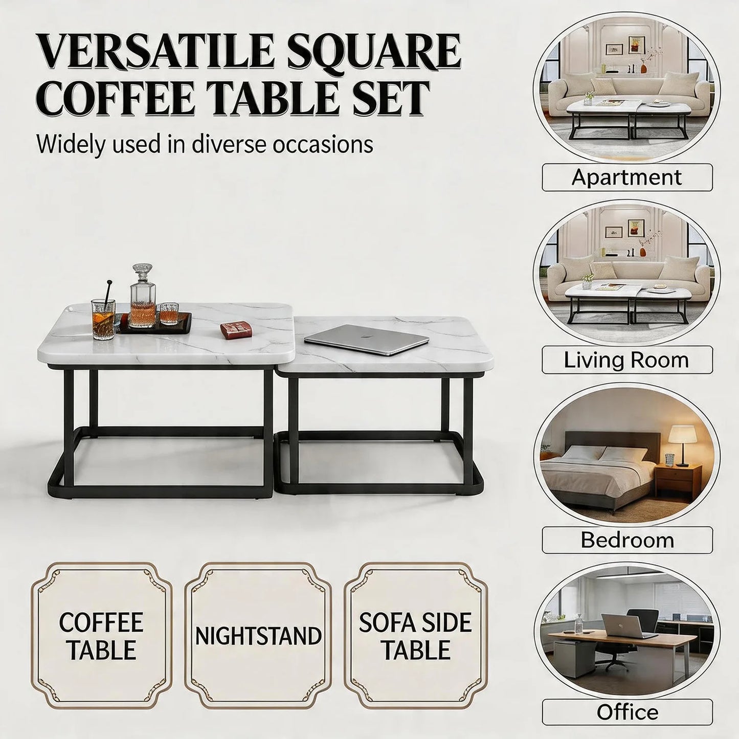 Square Nesting Coffee Tables Set Of 2, Space Saving Small End Table Set For Living Room Bedroom Balcony, Fluted Side Tables Set by S And B Enterprise