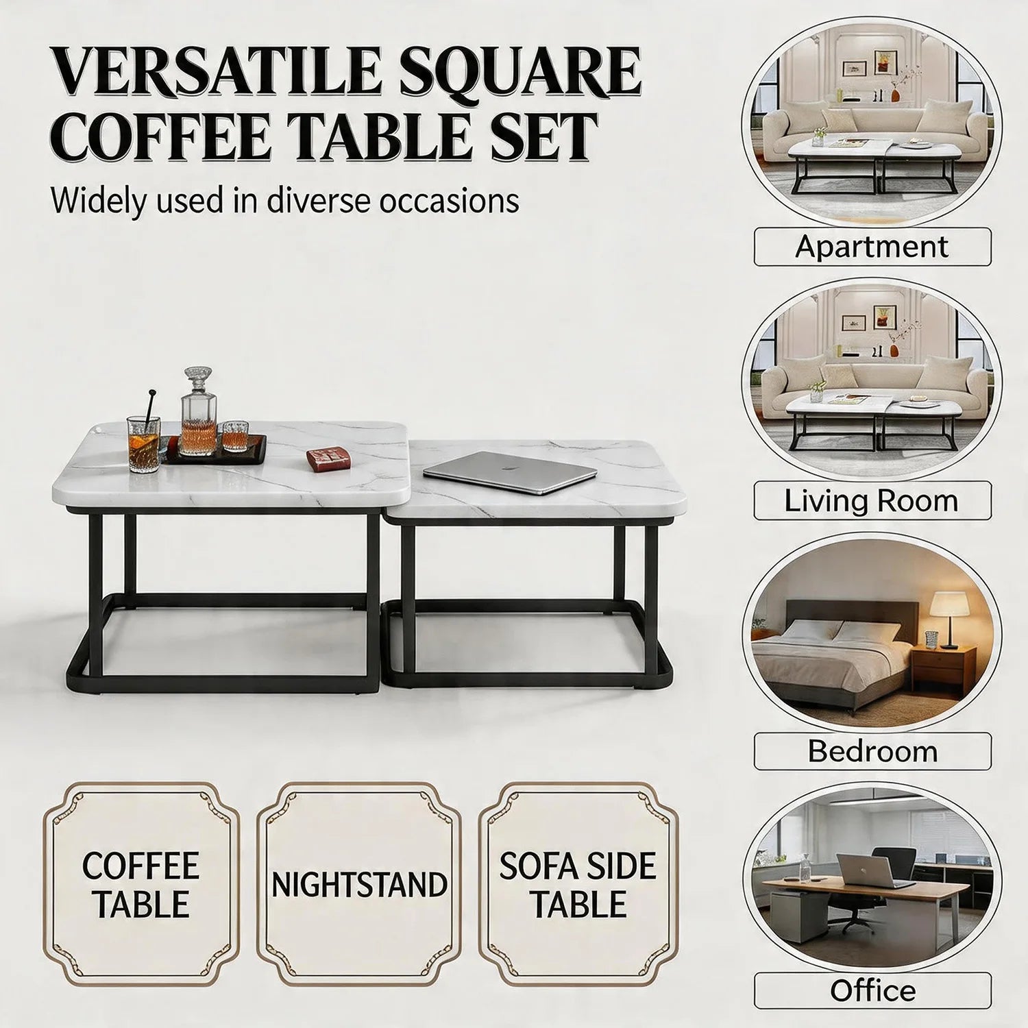 Square Nesting Coffee Tables Set Of 2, Space Saving Small End Table Set For Living Room Bedroom Balcony, Fluted Side Tables Set by S And B Enterprise