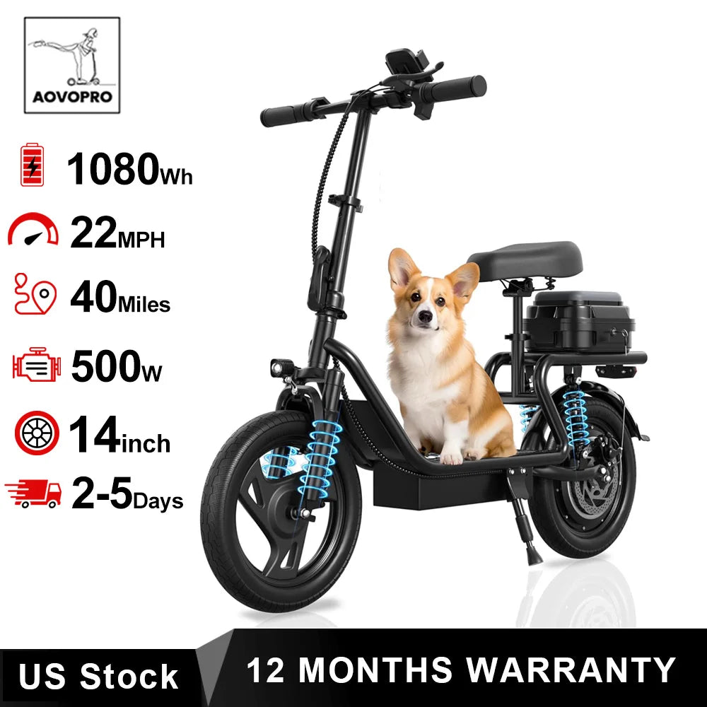 AOVOPRO 14inch Electric Bicycle with Box 27/40Miles Max Range 22MPH Top Speed with Dual Suspension Foldable Adult Ebike by S And B Enterprise