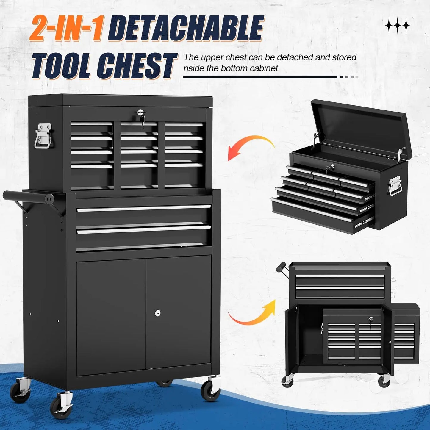 10-Drawer Rolling Tool Chest With Detachable Top Cabinet