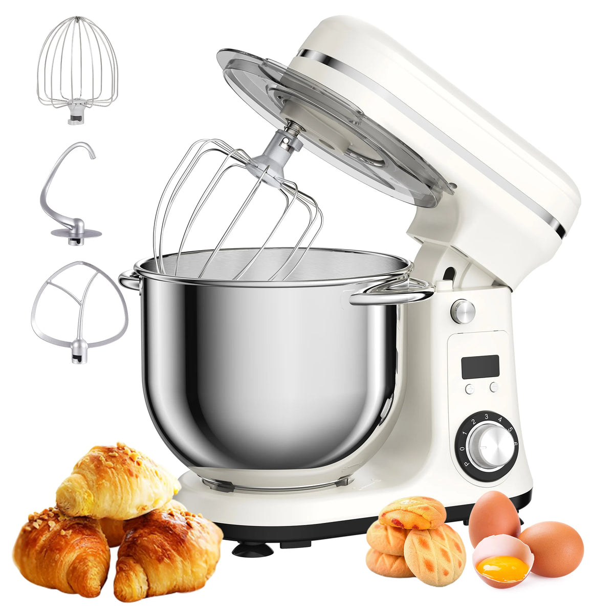 BioloMix cream stand mixer with stainless steel bowl and attachment set (egg whisk, dough hooks) for baking.