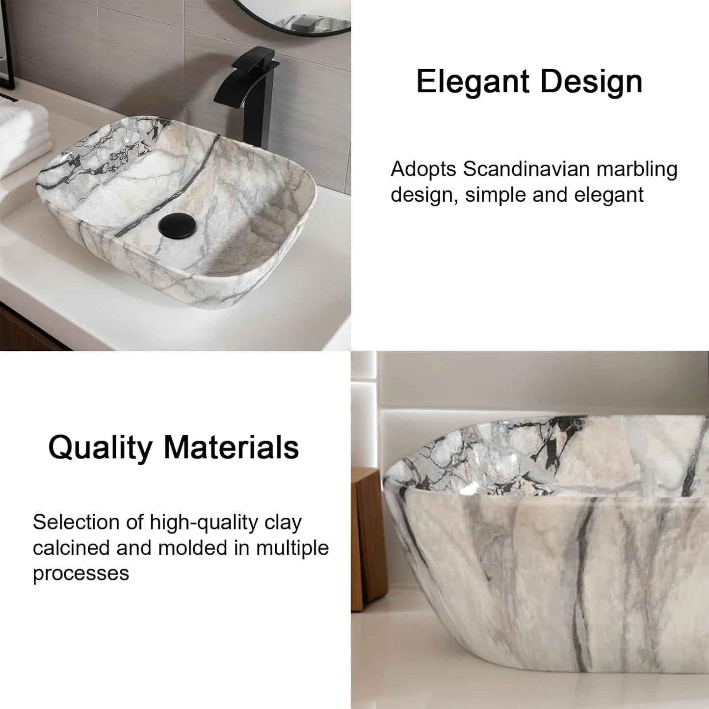 Torayvino Marble Pattern Ceramic Vessel Sink Set Matte Faucet