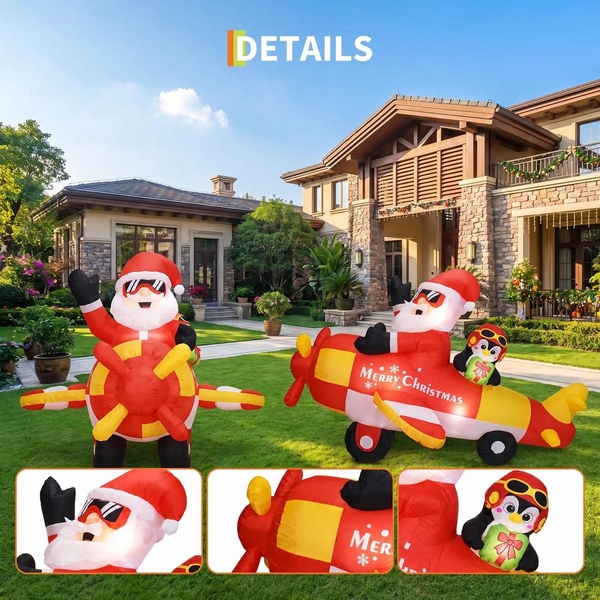 Christmas inflatable Santa driving penguin airplane, 8ft outdoor yard decor, airblown set of three inflatables