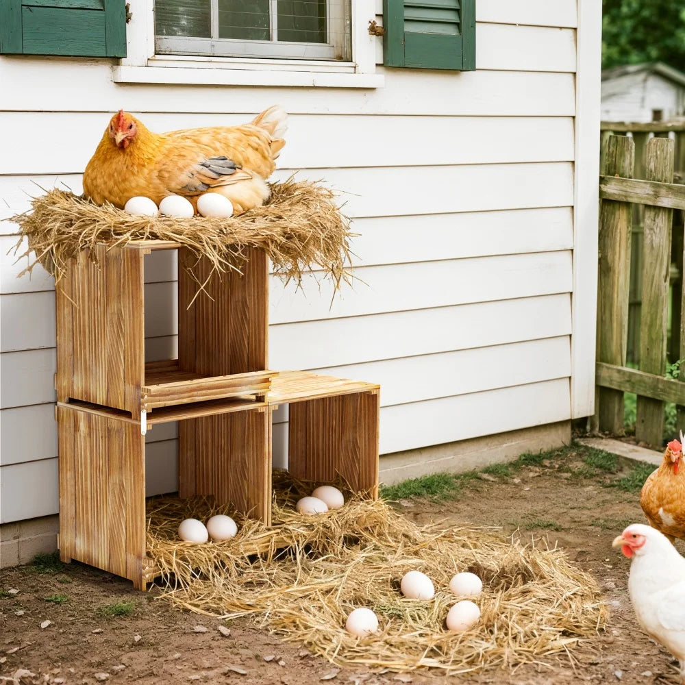 Pine wooden chicken nesting boxes with 3 compartments for easy egg collection and straw bedding