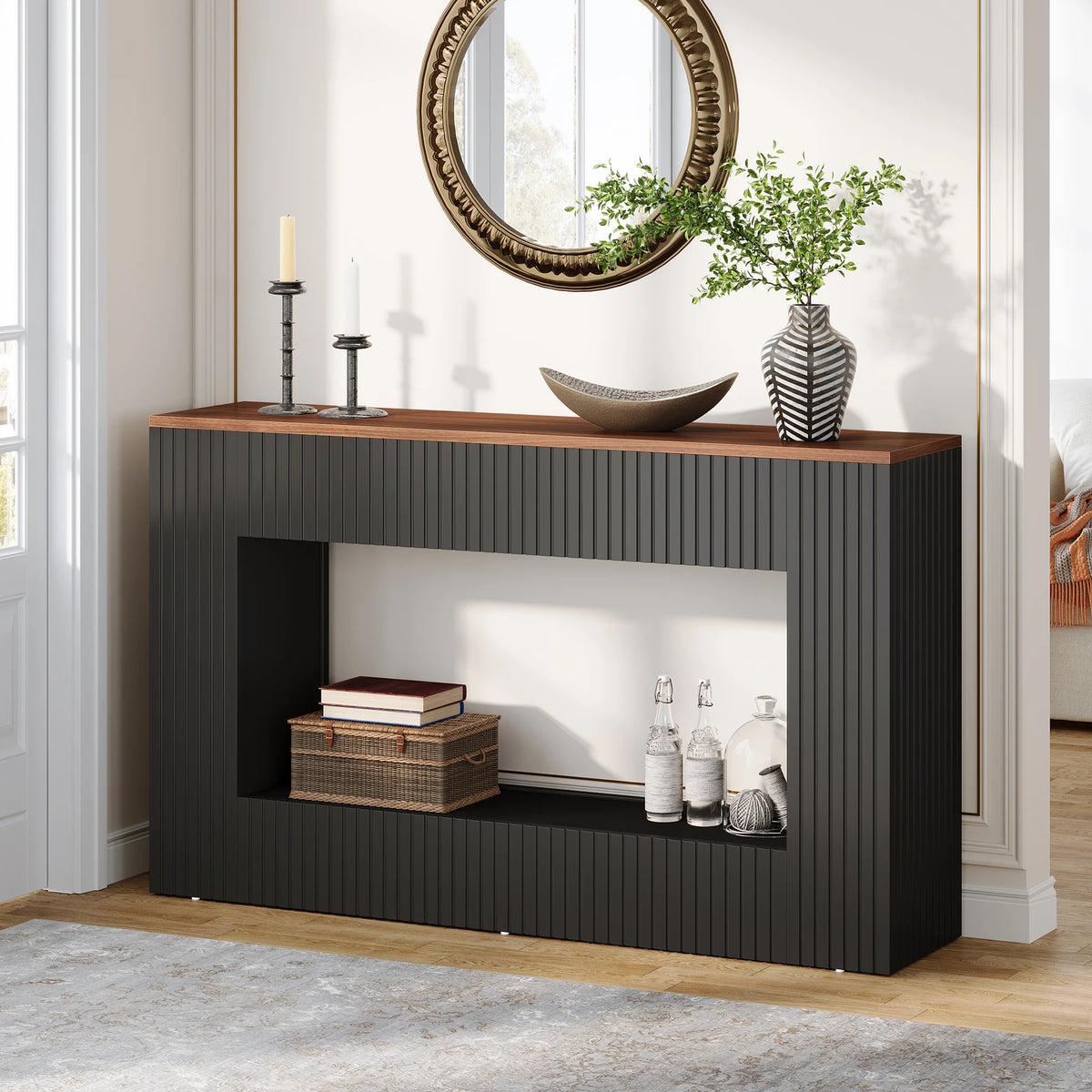 Tribesigns 55-inch wooden console table with storage; black ribbed base, brown top, styled with decor.