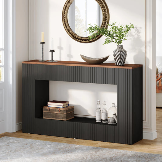 Tribesigns 55-inch wooden console table with storage; black ribbed base, brown top, styled with decor.