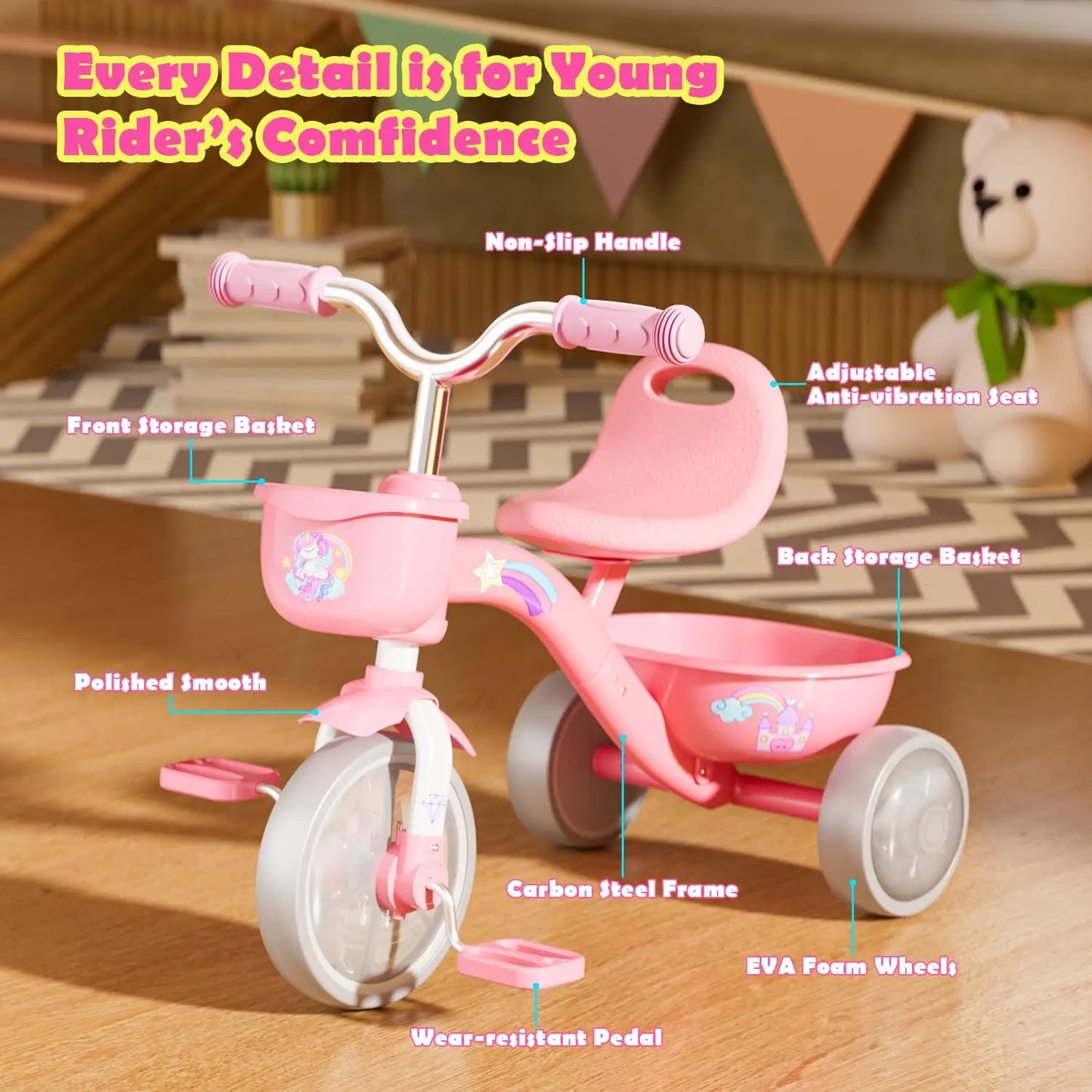 Unicorn Toddler Tricycle With Light Up Wheels And Basket