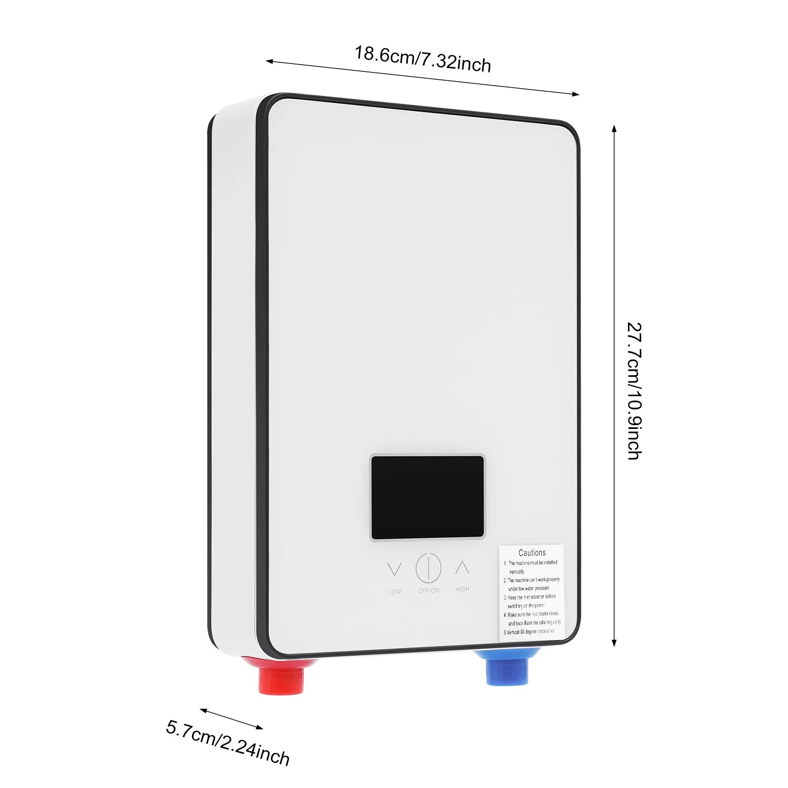4500W AC instant water heater with hand shower, white panel with black trim, LED touch display and red and blue inlet fittings.