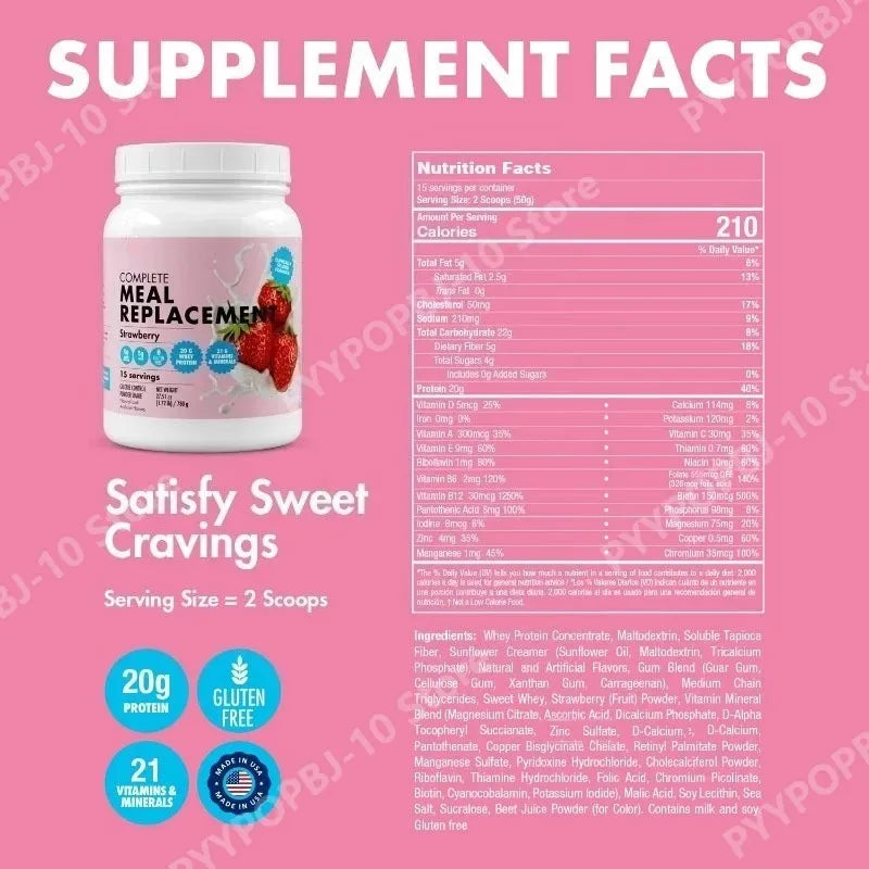 Meal Replacement Milkshake 20G Protein 5G Fiber 21 Vitamins Nutrients Minerals Strawberry Flavor 780g by S And B Enterprise