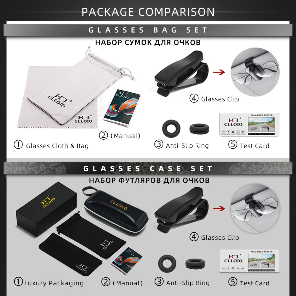 CLLOIO polarized sunglasses for women; black frame with glasses case, cloth, manual, anti-slip ring, and test card