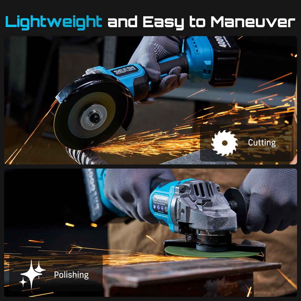 Seesii 3-in-1 cordless tool kit with 2x4.0Ah batteries; teal blue grinder, drill/hammer, and impact wrench
