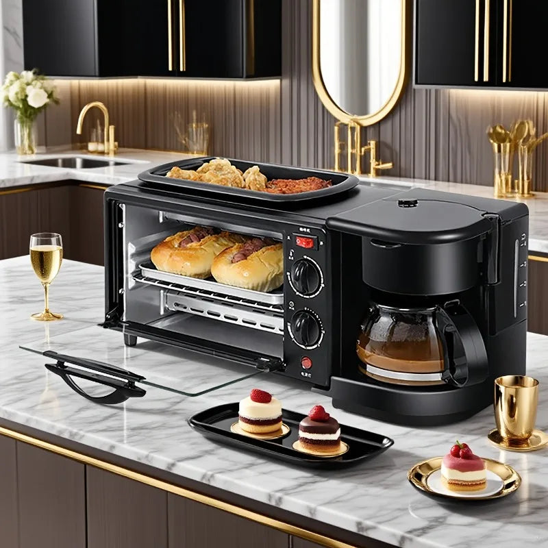 3-in-1 breakfast machine by S And B Enterprise in black with non-stick coating; toaster oven and coffee maker with timer.