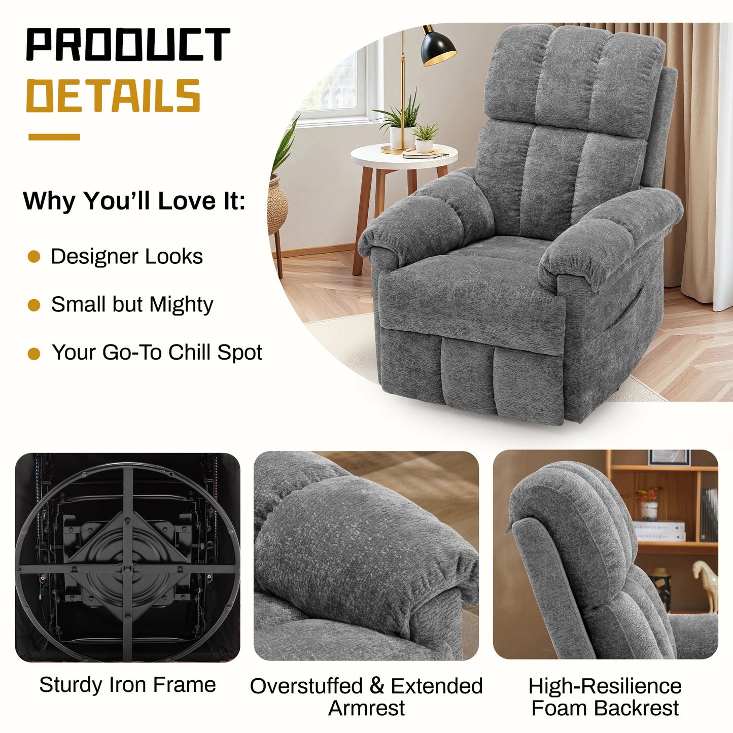 Korser gray chenille swivel rocker recliner chair with side pockets for small spaces by S And B Enterprise