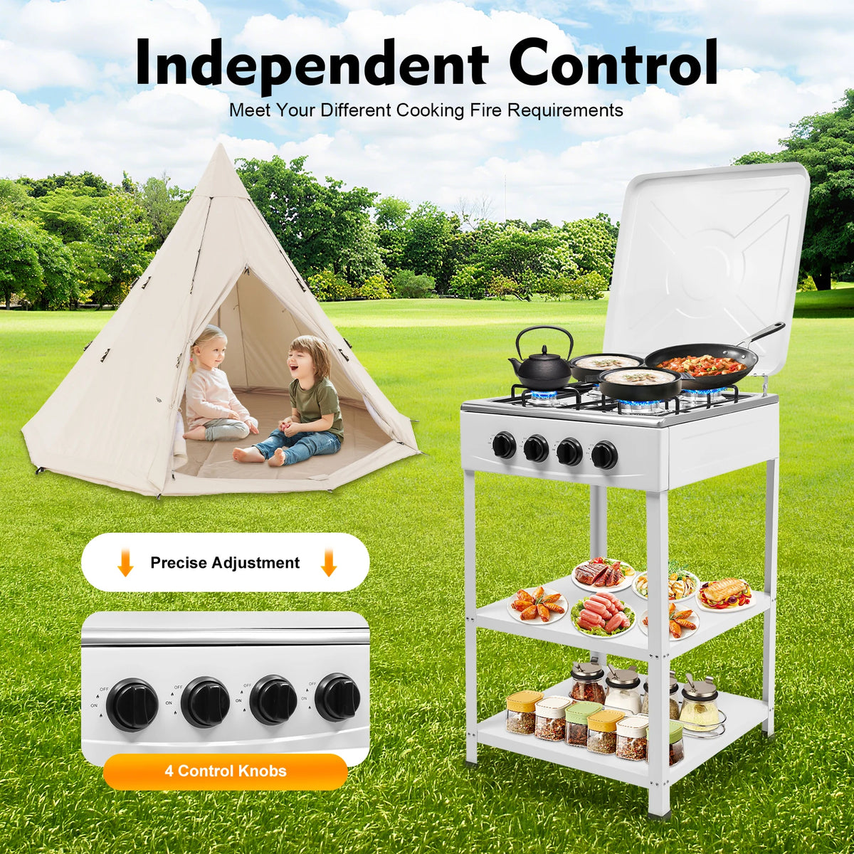 4-burner portable outdoor gas stove in white with wind-blocking lid and two storage shelves