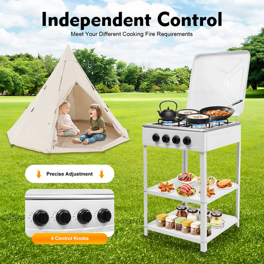 4-burner portable outdoor gas stove in white with wind-blocking lid and two storage shelves