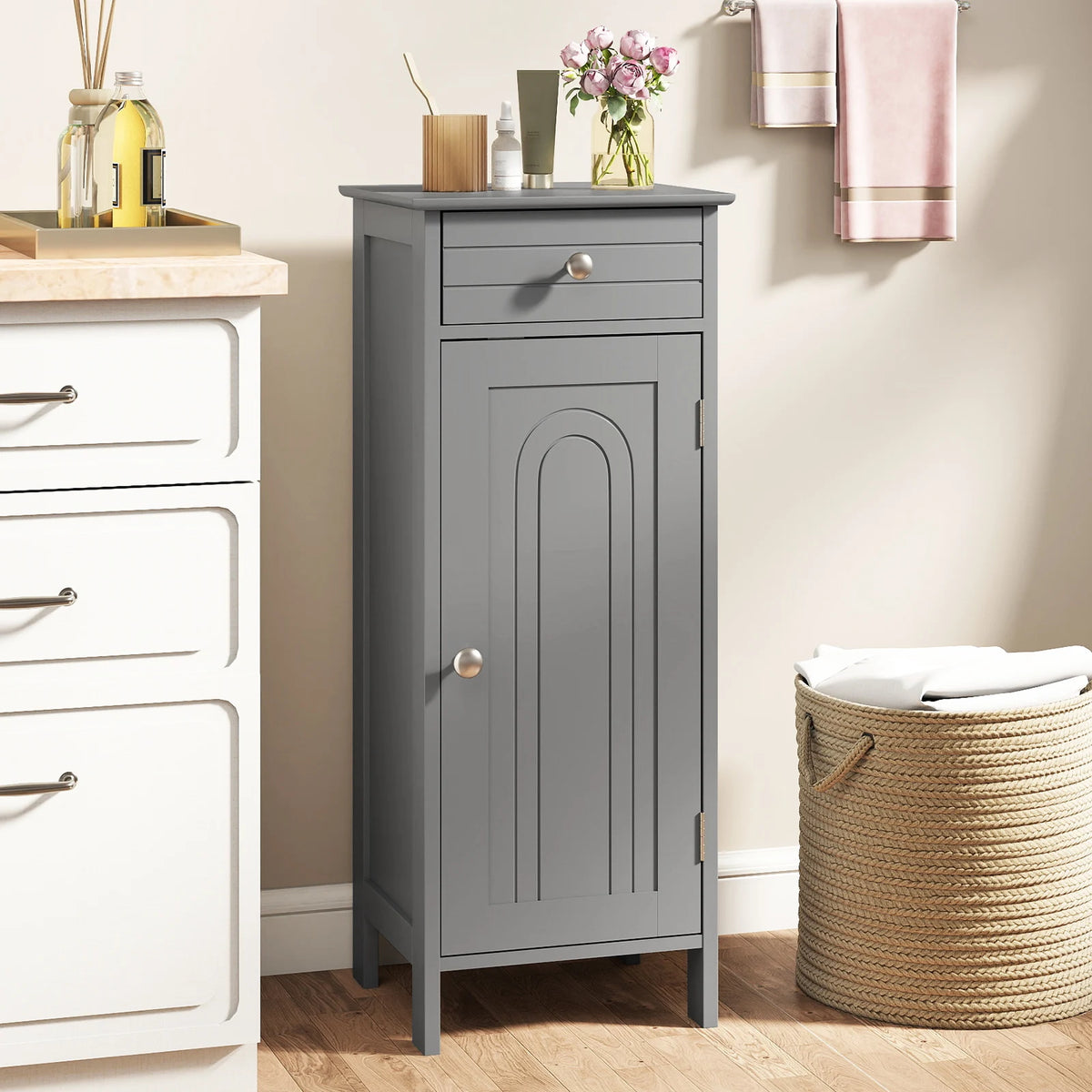 Costway grey bathroom floor cabinet with top drawer