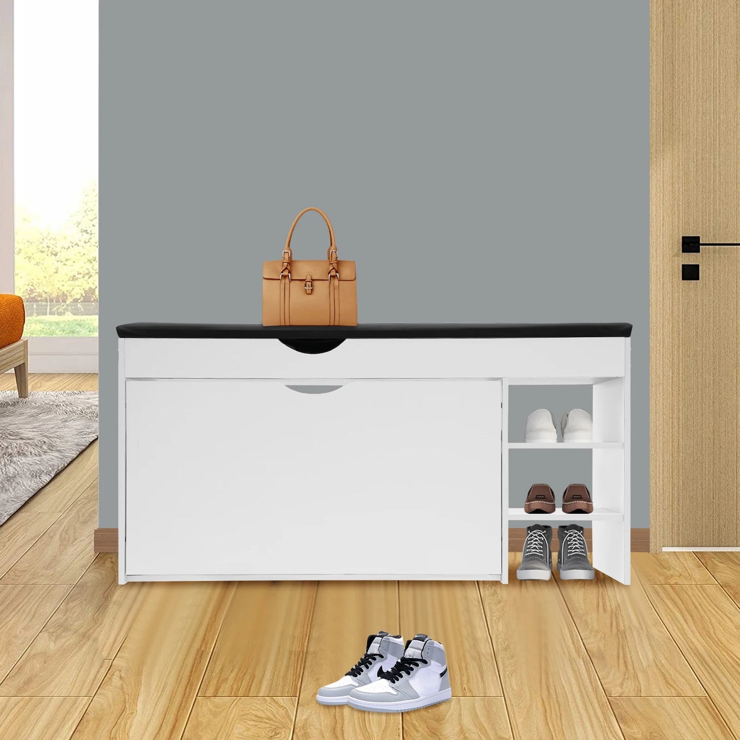 Three-Tier Shoe Bench With Cushioned Seat And Hidden Drawers