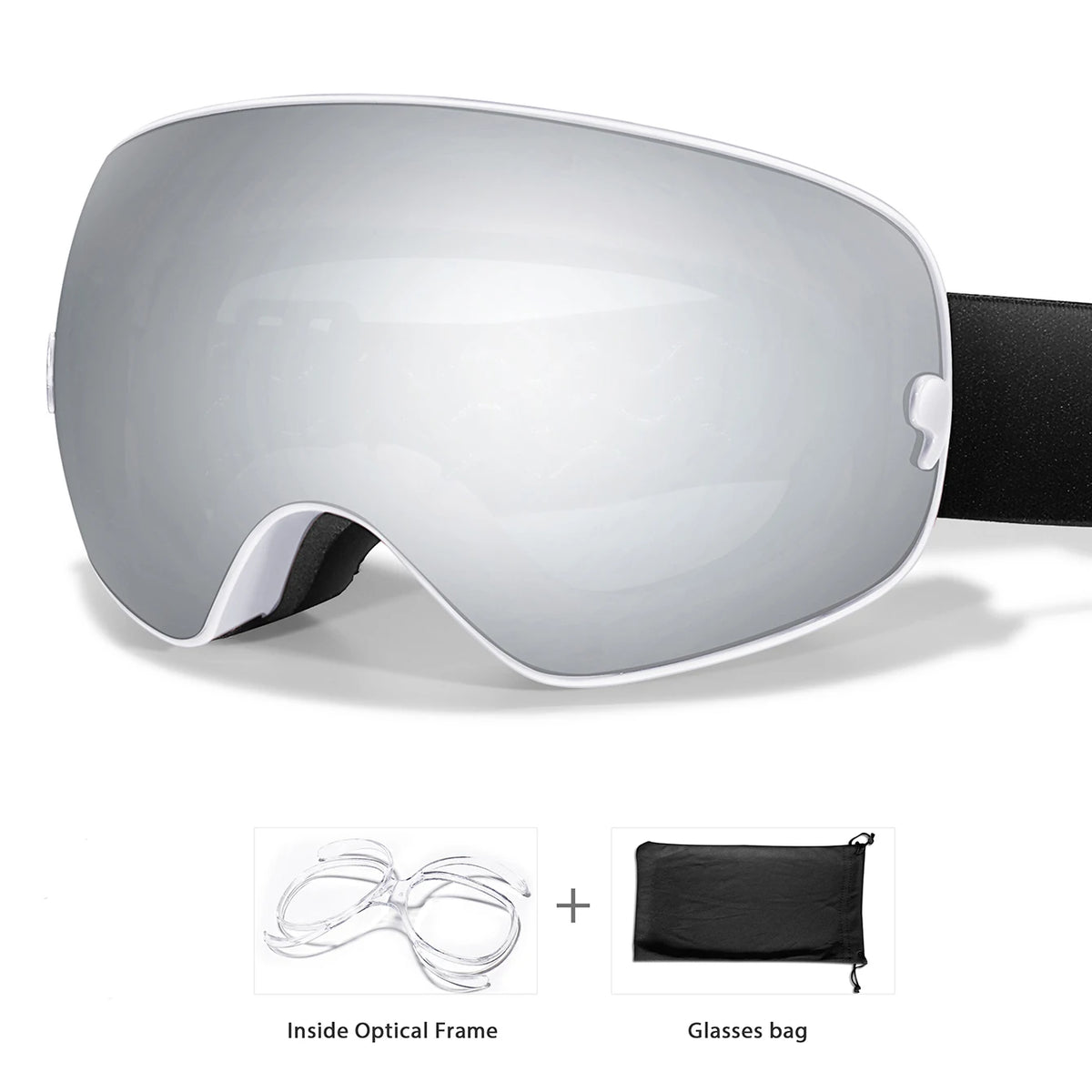 S And B Enterprise white-frame ski goggles for men and women with mirrored UV400 anti-fog lens and black strap