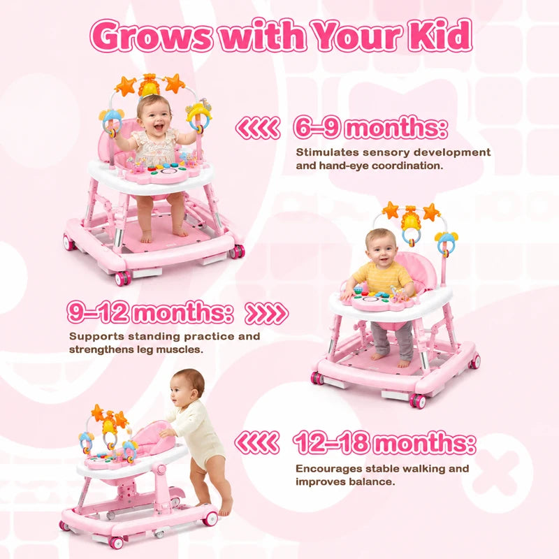 5-in-1 Baby Walker by S And B Enterprise, pink foldable toddler learning walker with musical toy bar