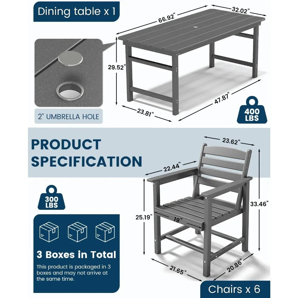 7-Piece HDPE All-Weather Outdoor Patio Dining Set with Umbrella Hole Table and 6 Chairs Grey for Garden Backyard