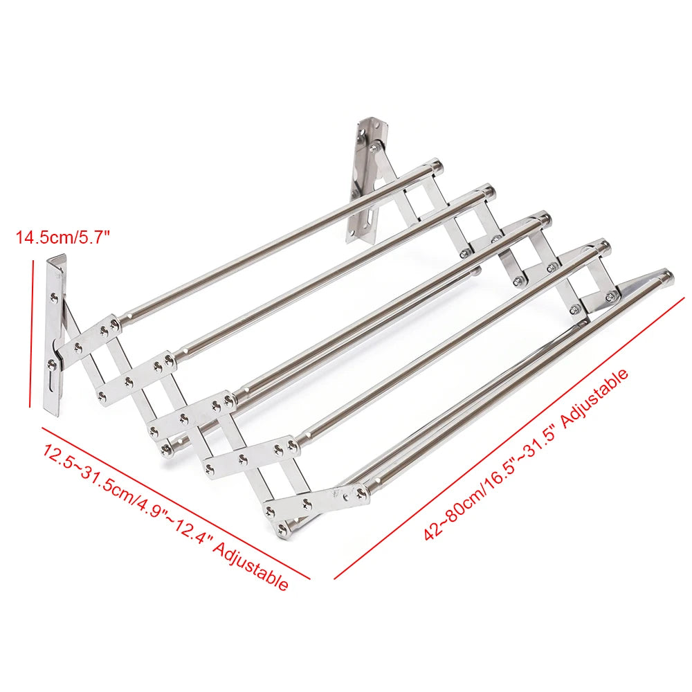 Stainless steel wall-mounted laundry drying rack, 42–80 cm adjustable, foldable arms