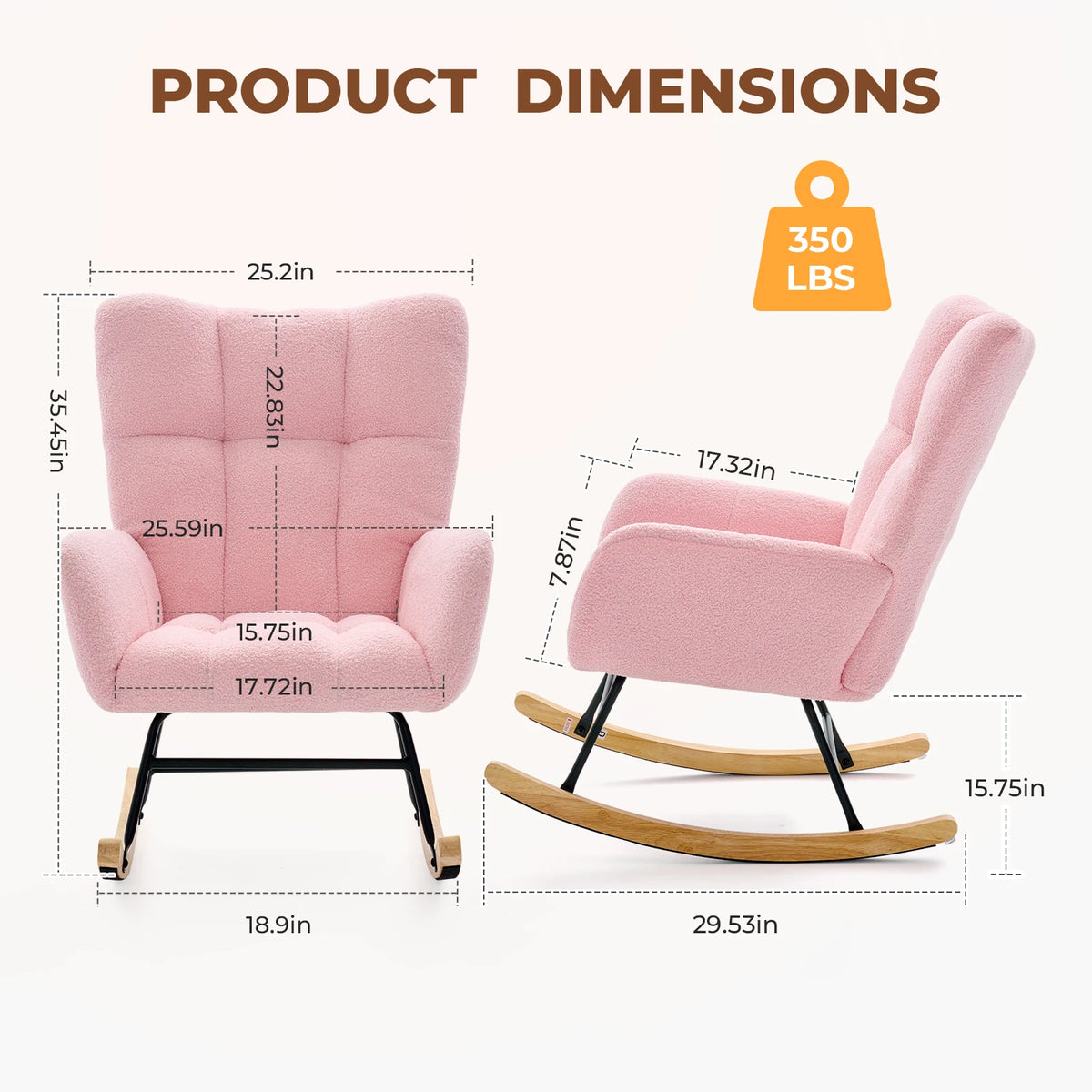 JHK Teddy upholstered pink saucer rocking chair with high-back armchair on metal frames; two chairs shown.