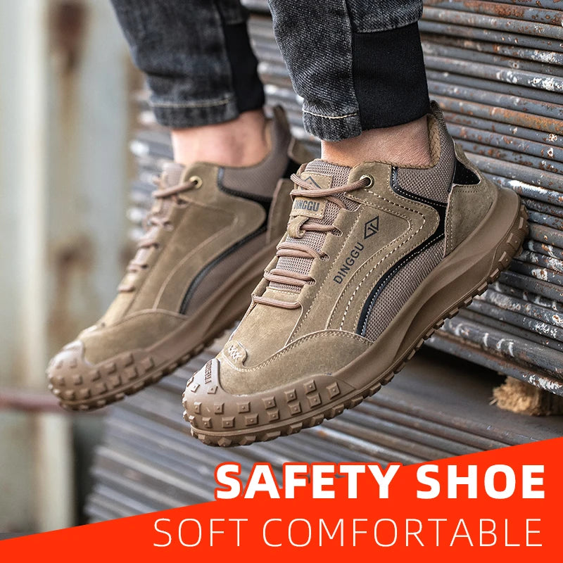All-Season men's safety work shoes by DINGGU, tan, wear-resistant with steel-toe and rugged lug sole.