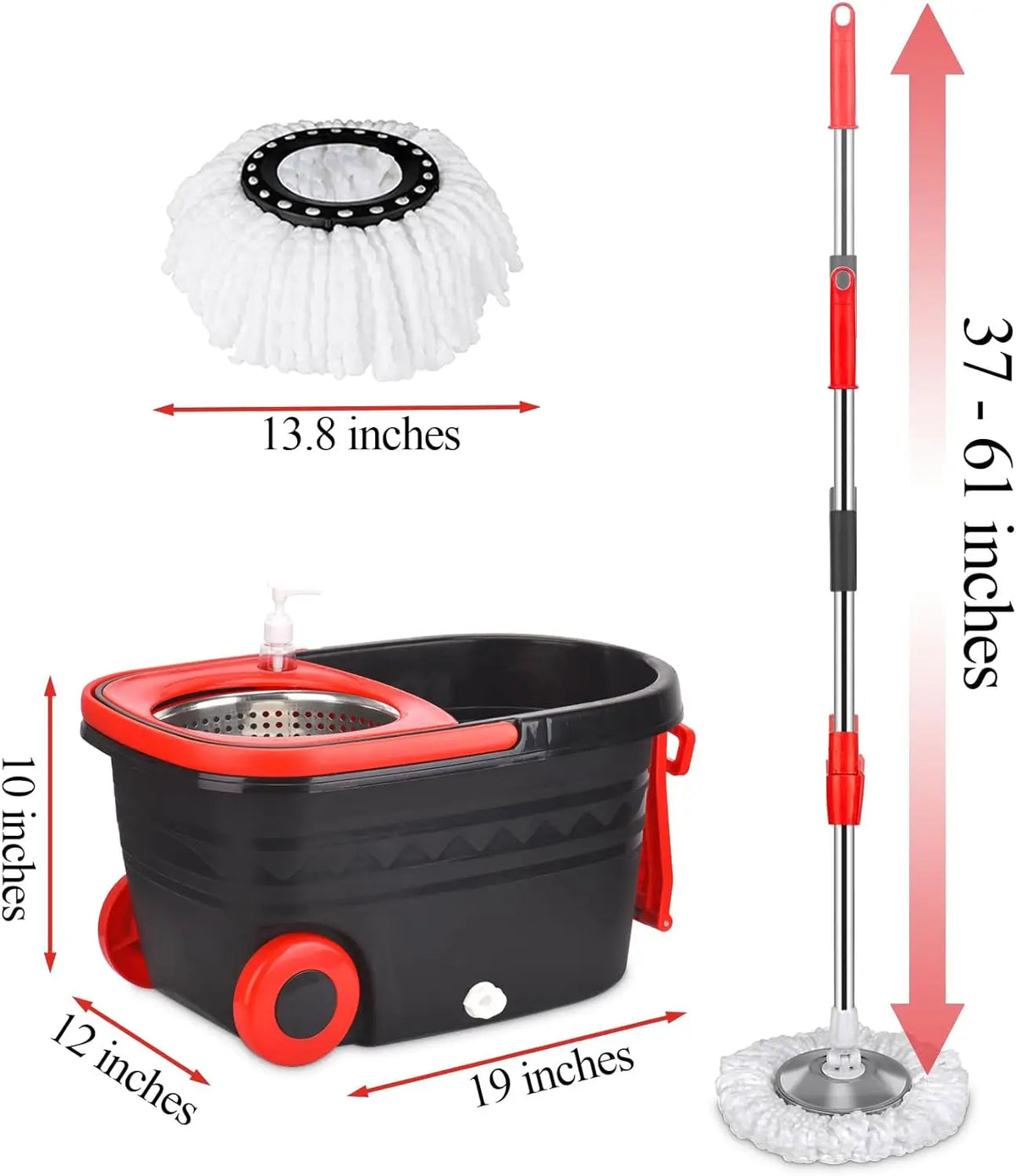 Black spin mop bucket set with wheels and extendable handle, includes 3 replacement refills