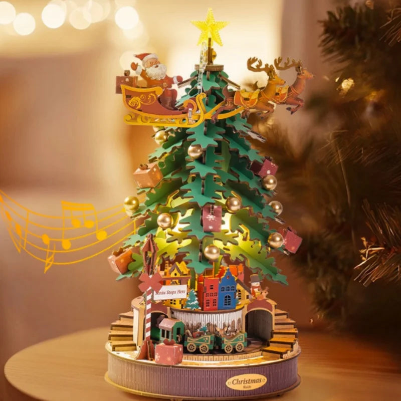 Robotime Music Box Christmas Melody Tree 3D wooden puzzle by S And B Enterprise with Santa sleigh and gifts